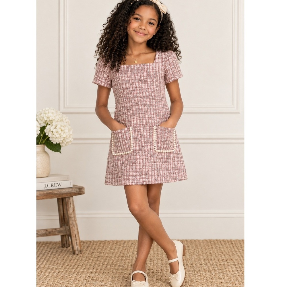 Girls Size 12 Burgundy Ivory Tweed Pearl Pocket Dress Metallic